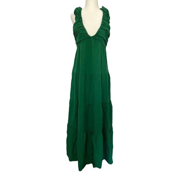 Jason Wu Tiered Dress Linen Ruffle Sleeve Smocked Emerald Green Large - Picture 1 of 9